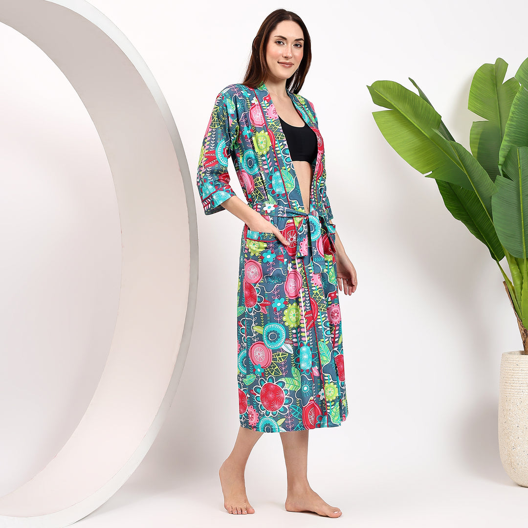 Lightweight cotton robe – tropical print Indian block kimono