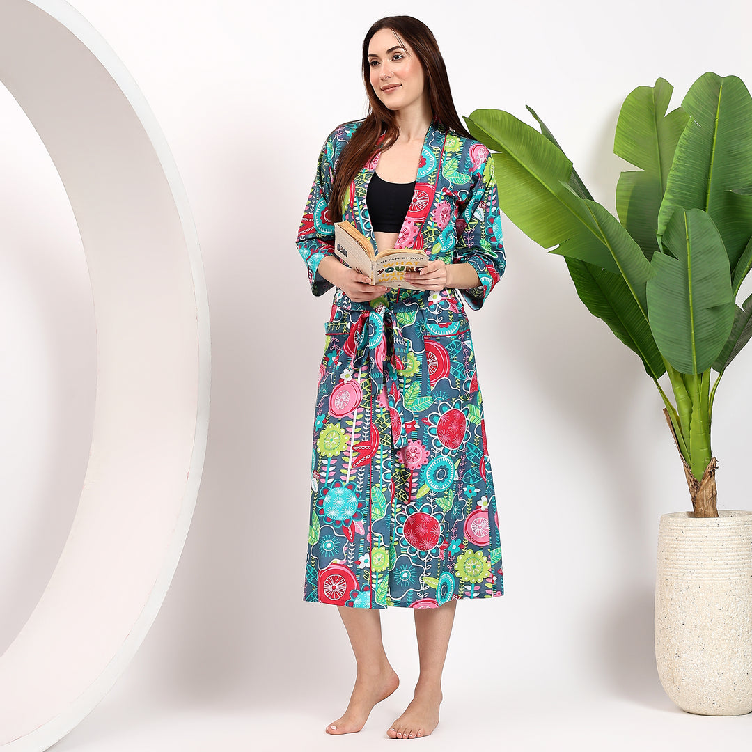 Handmade tropical block print kimono robe for women