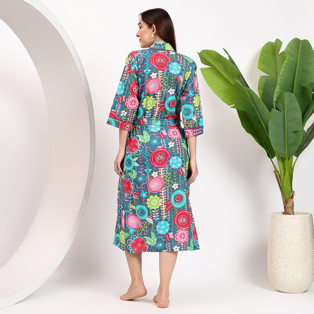 Indian block tropical print cotton robe – kimono style dressing gown
