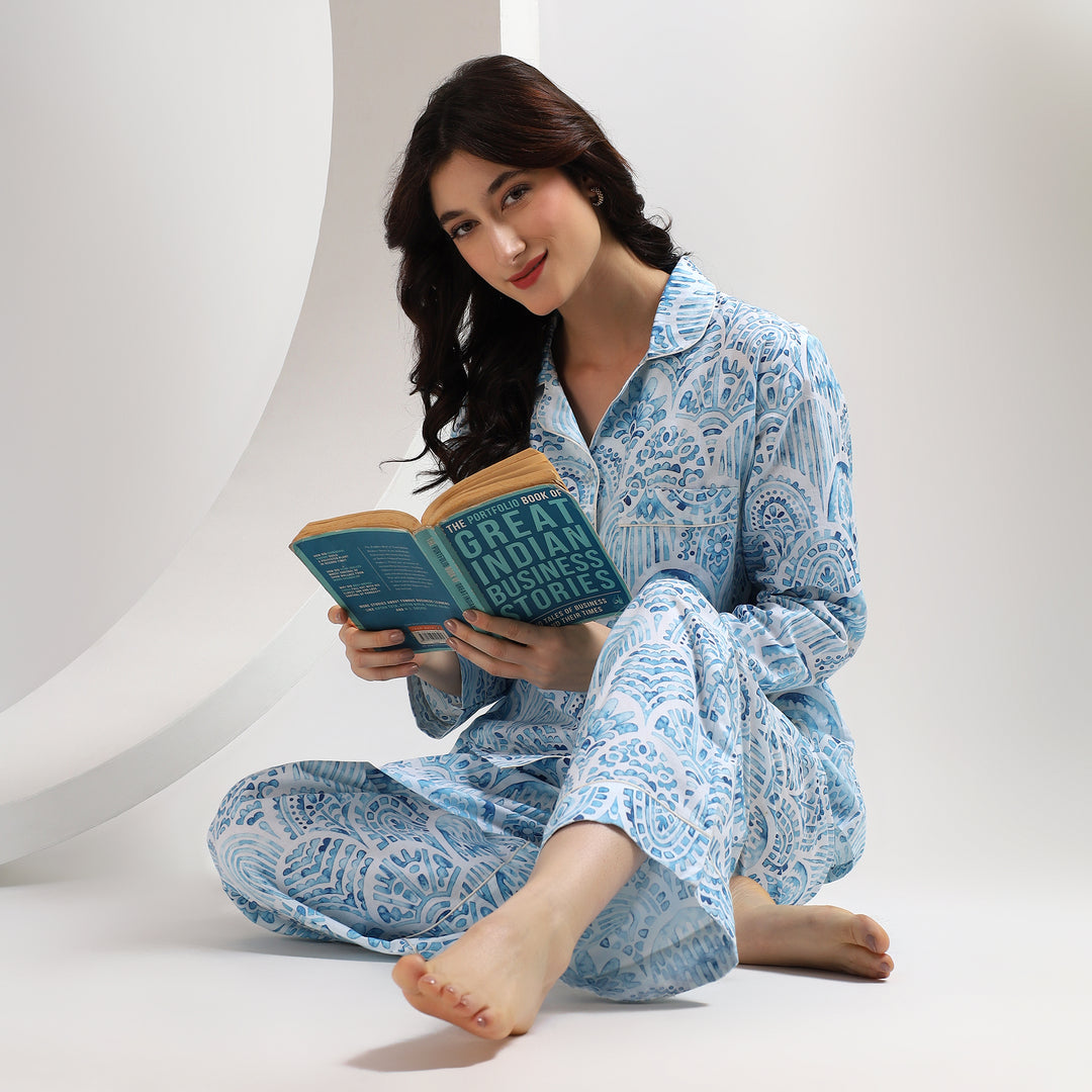 Indian Block Print Cotton Pajamas – Indigo Print PJ Set for Women
