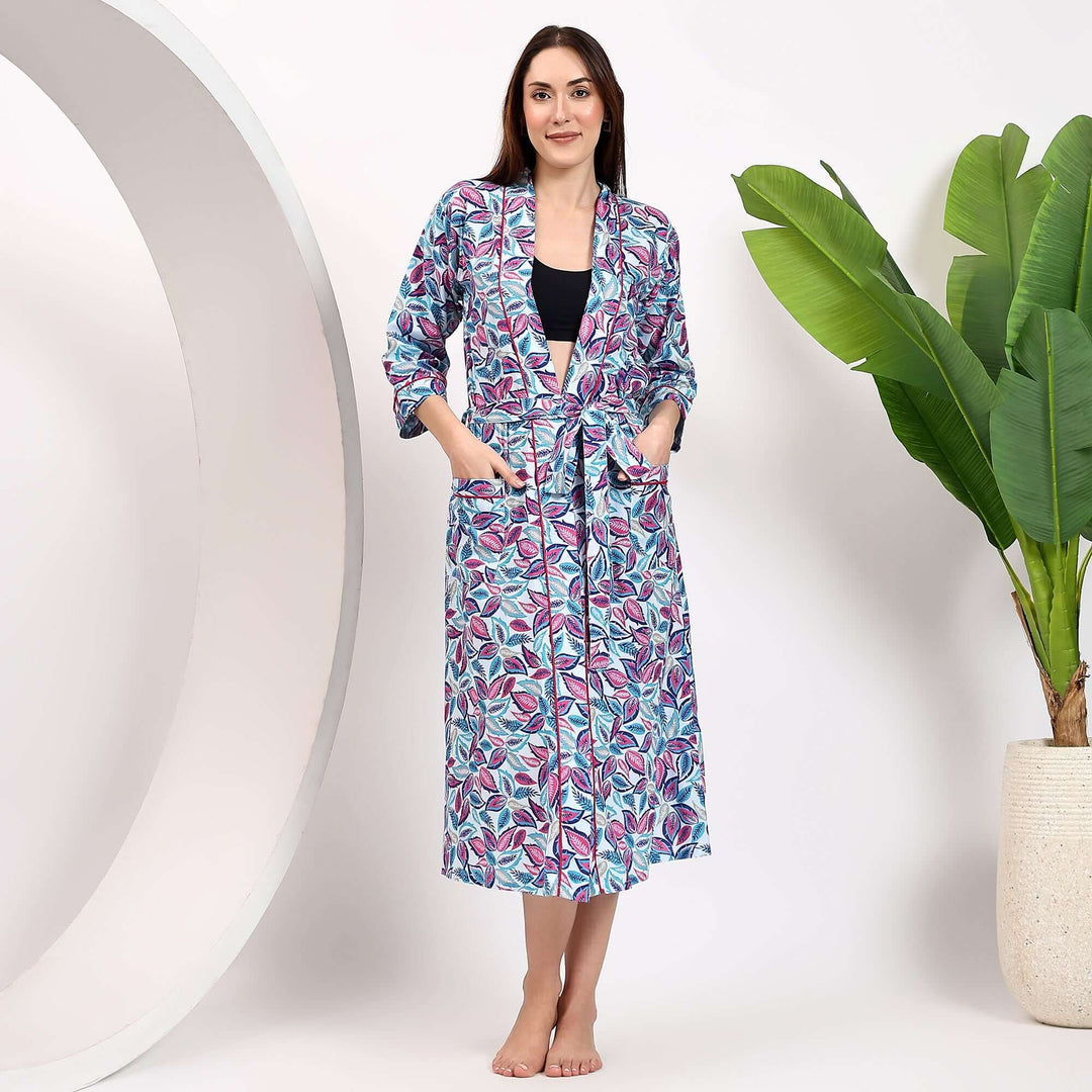 Floral Block Print Cotton Bathrobe Kimono Dressing Gown L Floral Block Print Cotton Bathrobe Kimono Dressing Gown L