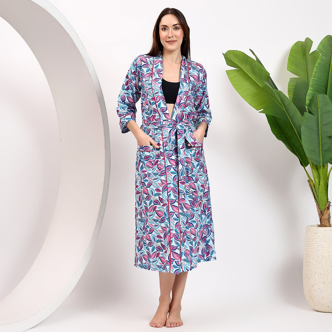 Floral Block Print Cotton Bathrobe – Kimono Dressing Gown