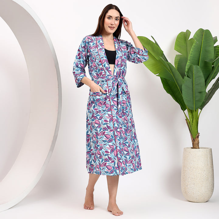 Handmade cotton kimono robe – floral block print bathrobe style