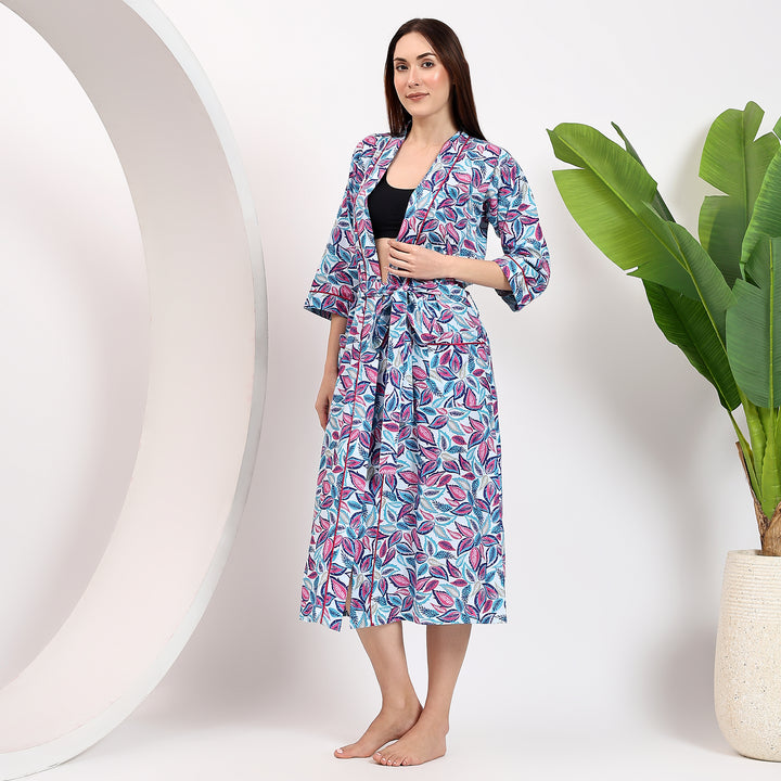 Women’s floral bathrobe – lightweight block print cotton kimono gown