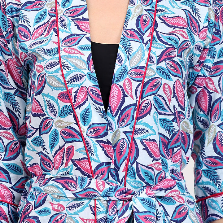 Boho floral kimono robe – block printed cotton dressing gown