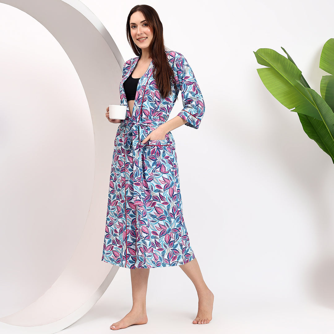 Floral block print cotton bathrobe – kimono dressing gown for women