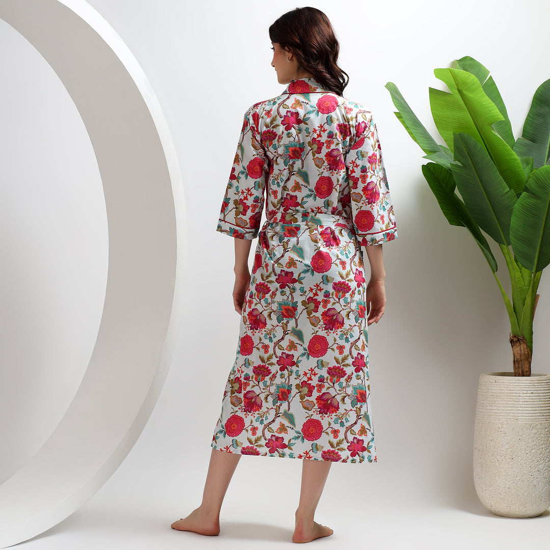 Block print floral bathrobe – Japanese cotton kimono robe for women
