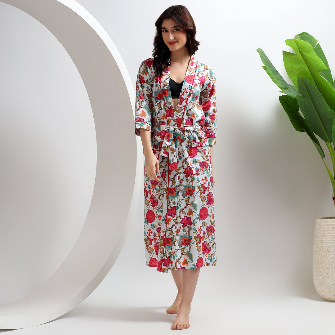 Handmade cotton kimono robe – floral block printed dressing gown