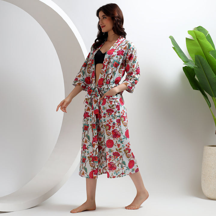 Women’s floral bathrobe – Japanese style block print kimono robe