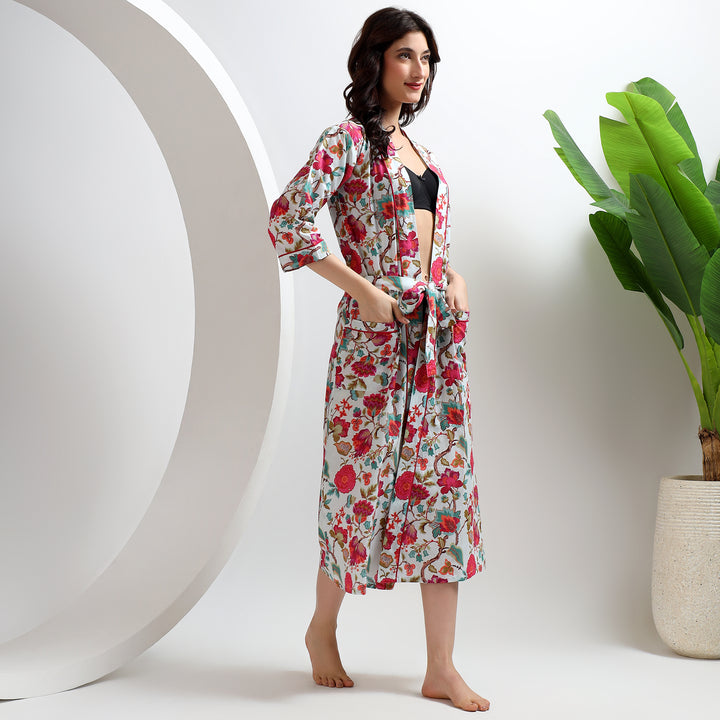 Cotton loungewear robe – block print floral kimono for women