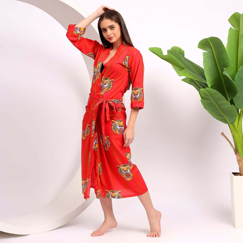 Tiger print cotton bathrobe – animal print kimono robe and dressing gown for women made from breathable fabric