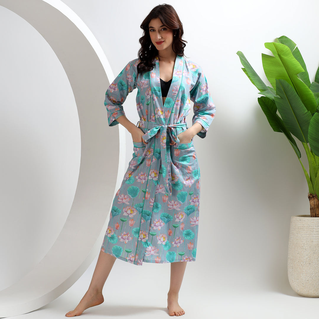 Indian Block Print Cotton Bathrobe – Floral Kimono & Dressing Gown 3XL / Gray