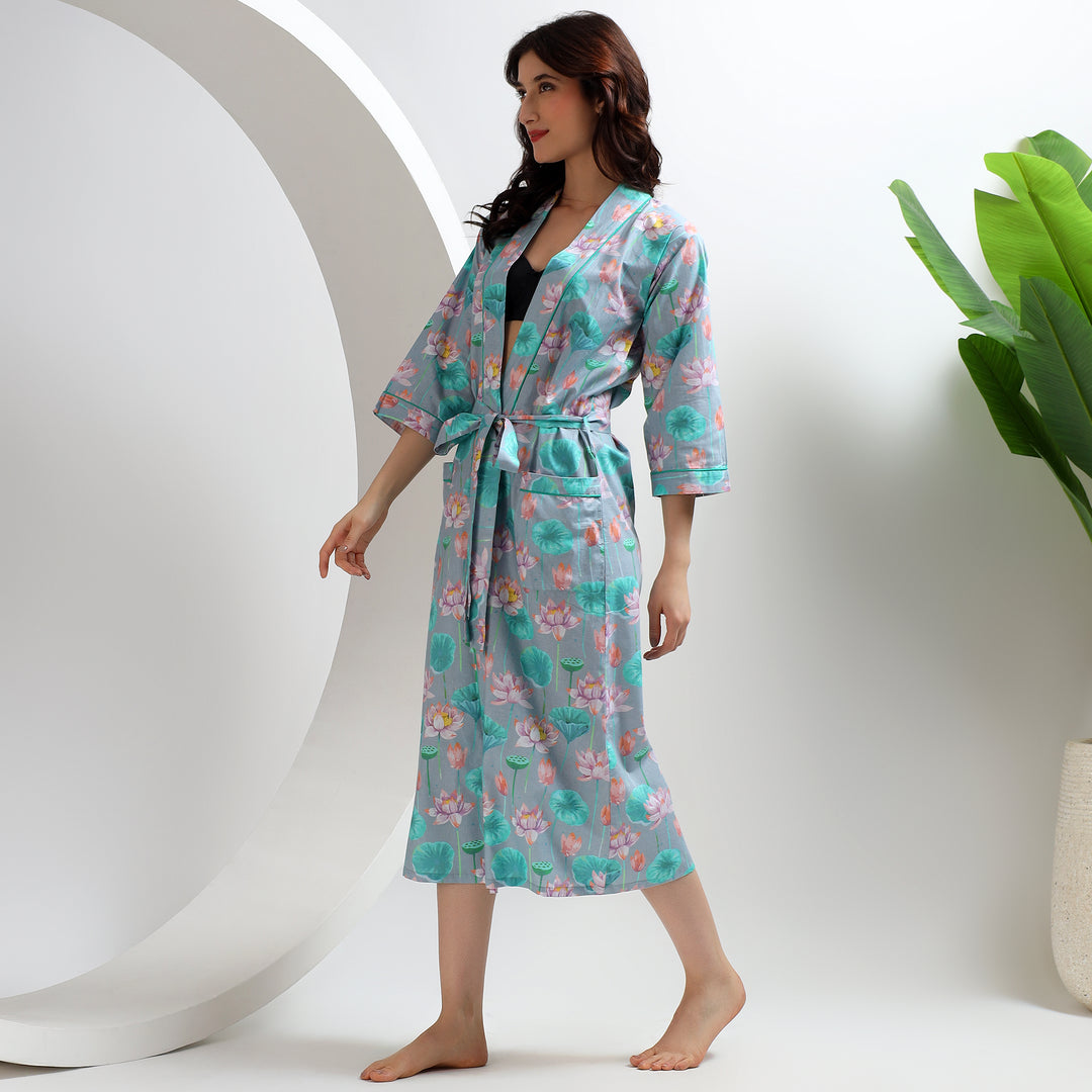 Women’s floral bathrobe – block printed cotton kimono dressing gown