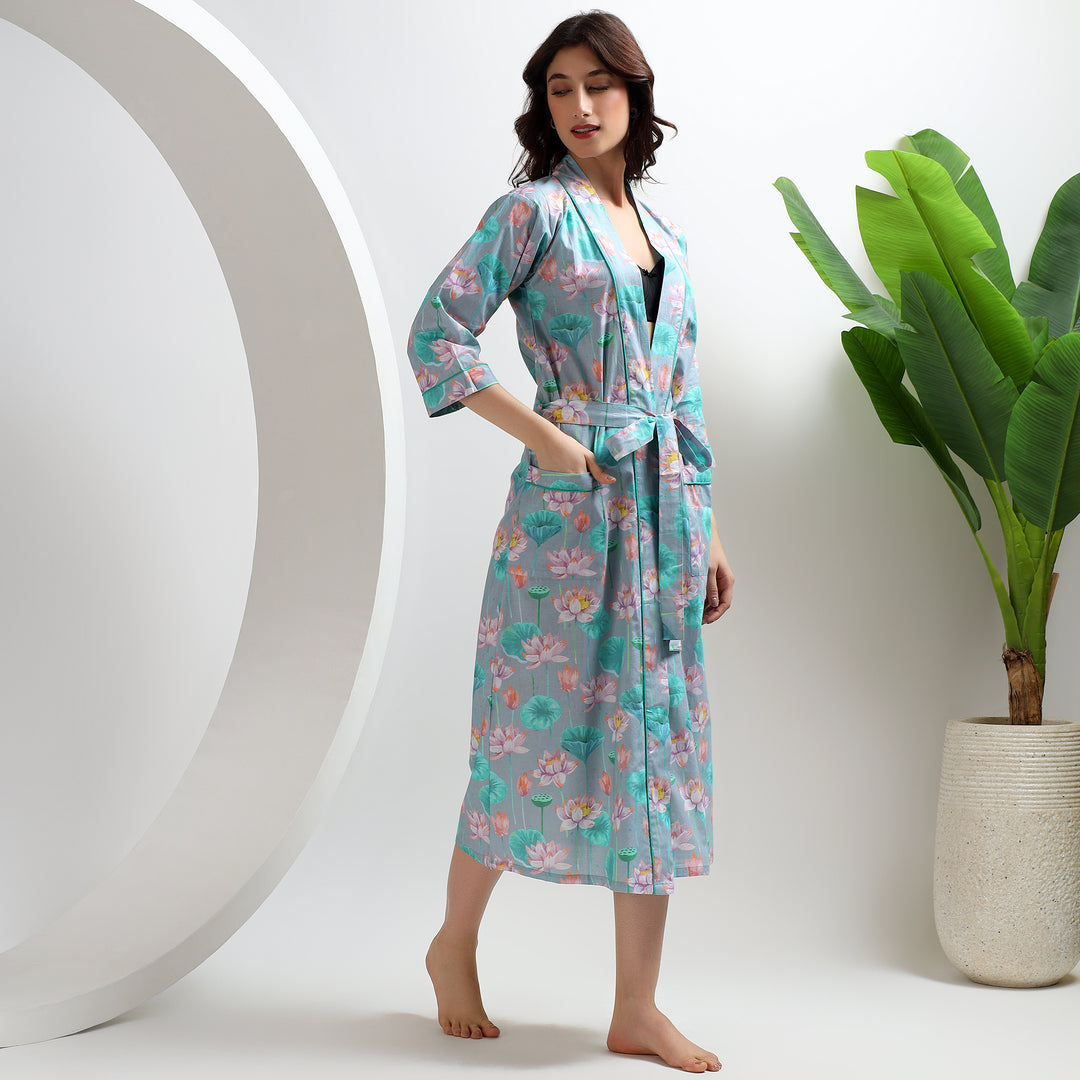Lightweight Indian cotton kimono – floral block print robe for women