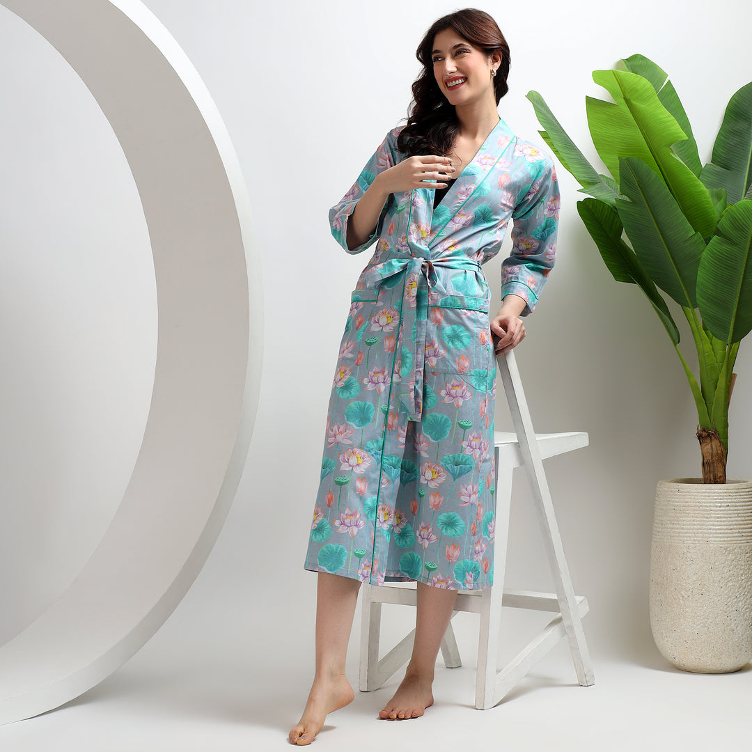 Indian Block Print Cotton Bathrobe – Floral Kimono & Dressing Gown