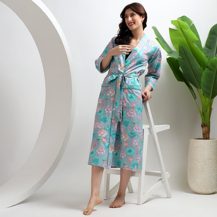 Indian Block Print Cotton Bathrobe – Floral Kimono & Dressing Gown