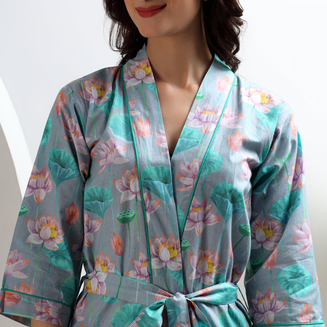 Boho floral kimono robe – Indian block print cotton dressing gown