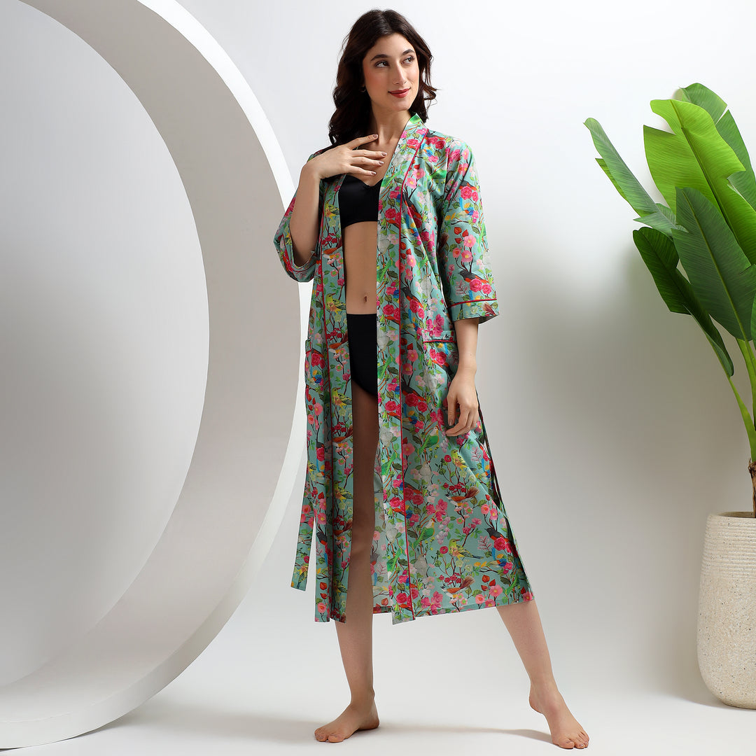 Cotton kimono robe with tropical block print design – handmade bathrobe