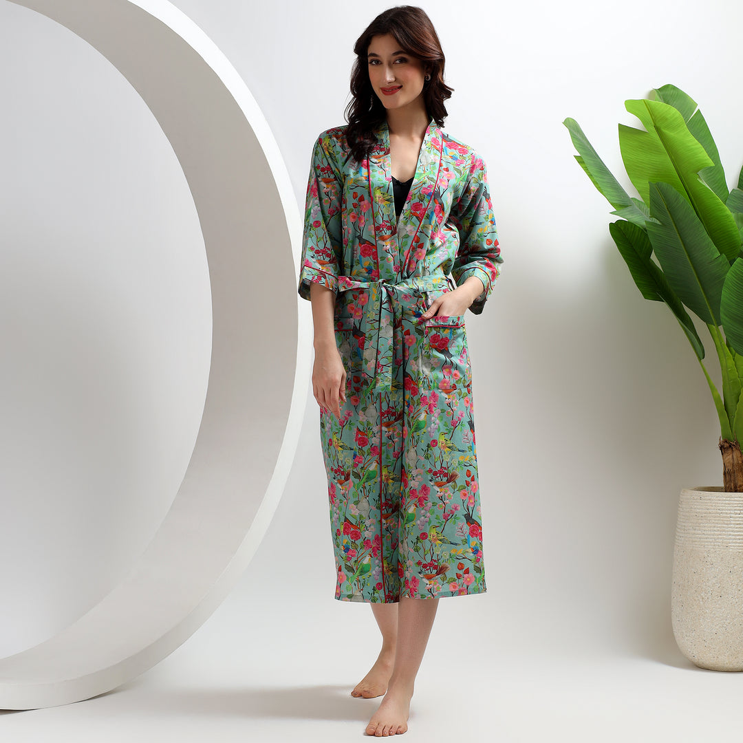 Women’s tropical bathrobe – Japanese inspired kimono cotton robe