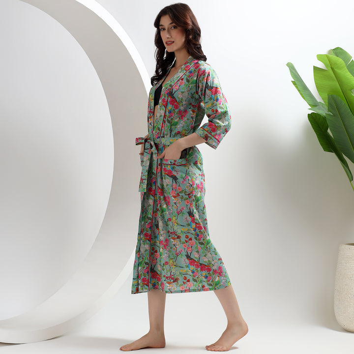 Lightweight cotton kimono robe – tropical print dressing gown for women