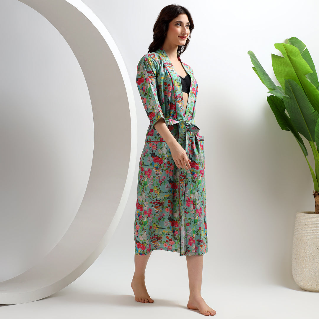 Bohemian style robe – tropical print cotton kimono loungewear