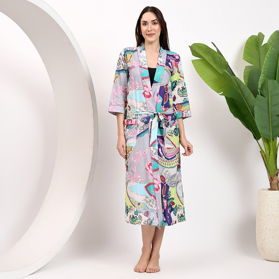 Cotton Kimono Bathrobe – Indian Block Print Dressing Gown for Women
