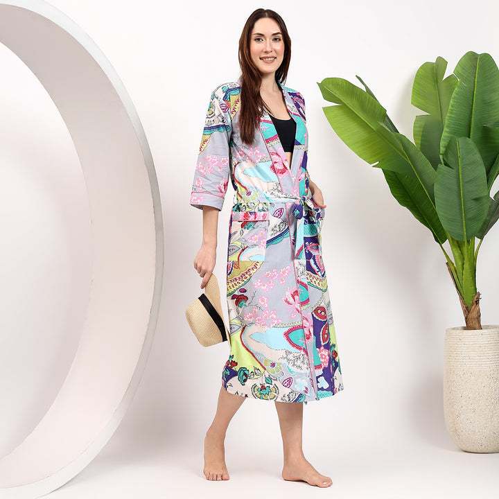 Women’s cotton bathrobe – floral Indian block print kimono dressing gown