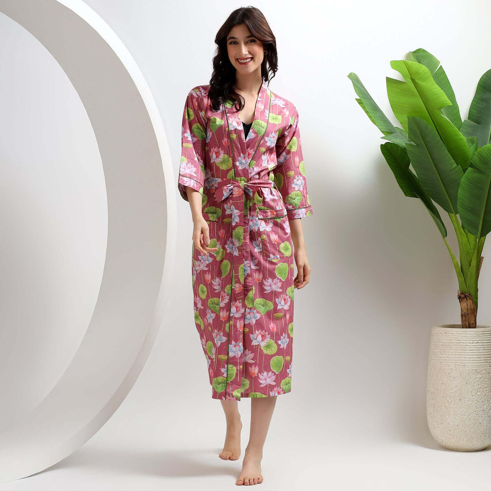 Floral block print cotton dressing gown – women’s kimono bathrobe