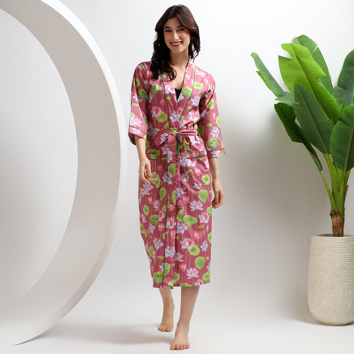 Floral block print cotton dressing gown – women’s kimono bathrobe