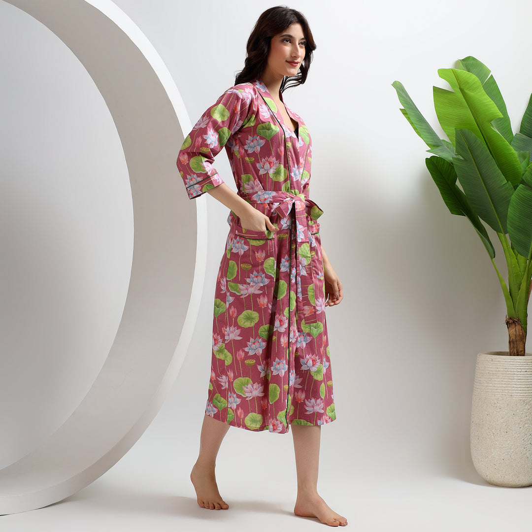 Lightweight cotton kimono robe – floral block print dressing gown