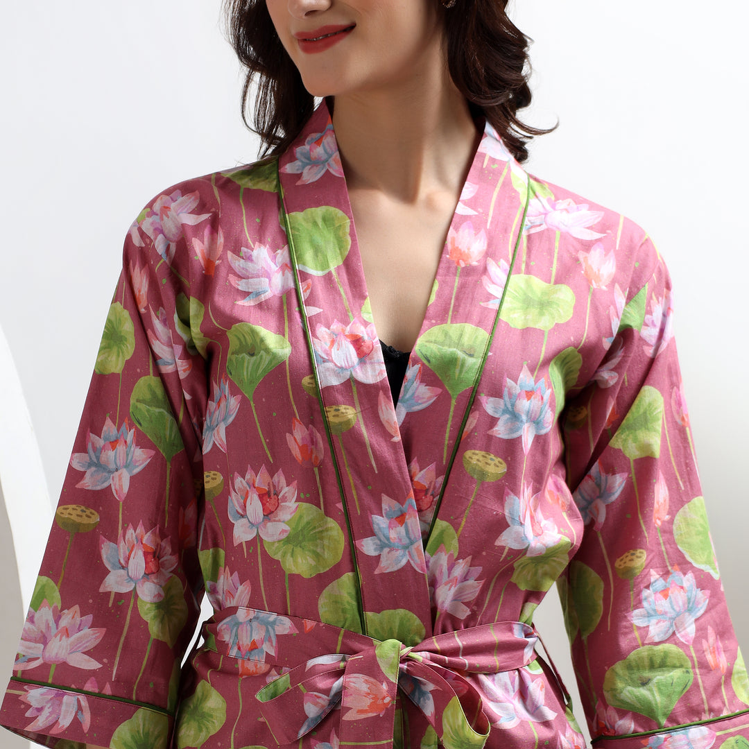 Boho floral robe – block printed cotton kimono bathrobe for women