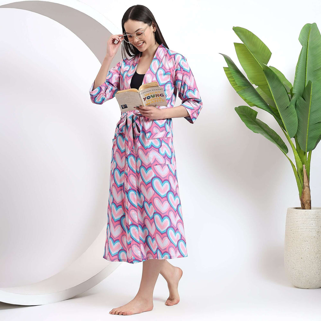 Indian Cotton Plus Size Kimono Robe Block Print Dressing Gown S / Pink Indian Cotton Plus Size Kimono Robe Block Print Dressing Gown S / Pink