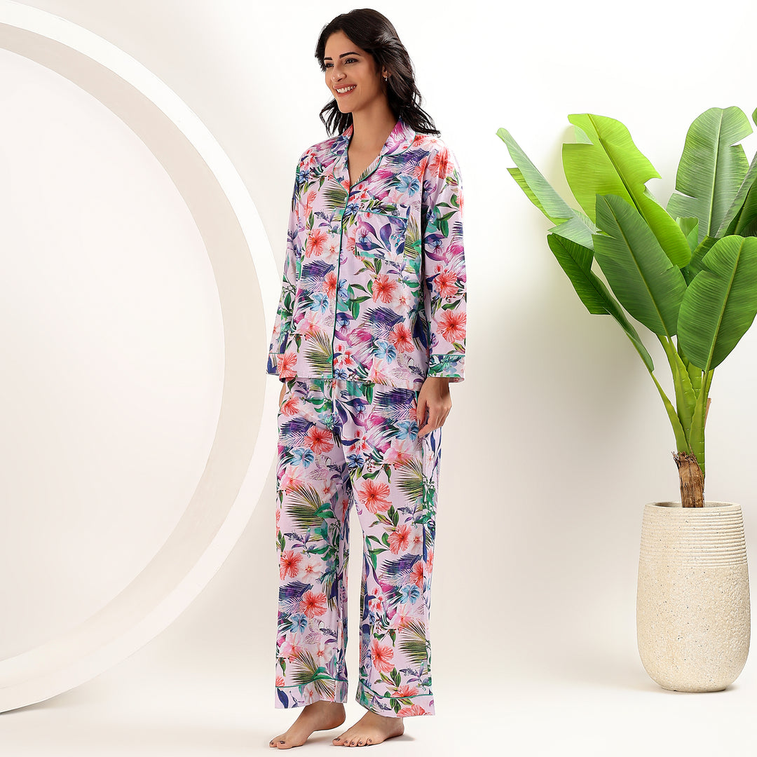 Handmade cotton pajama set – tropical block print sleepwear