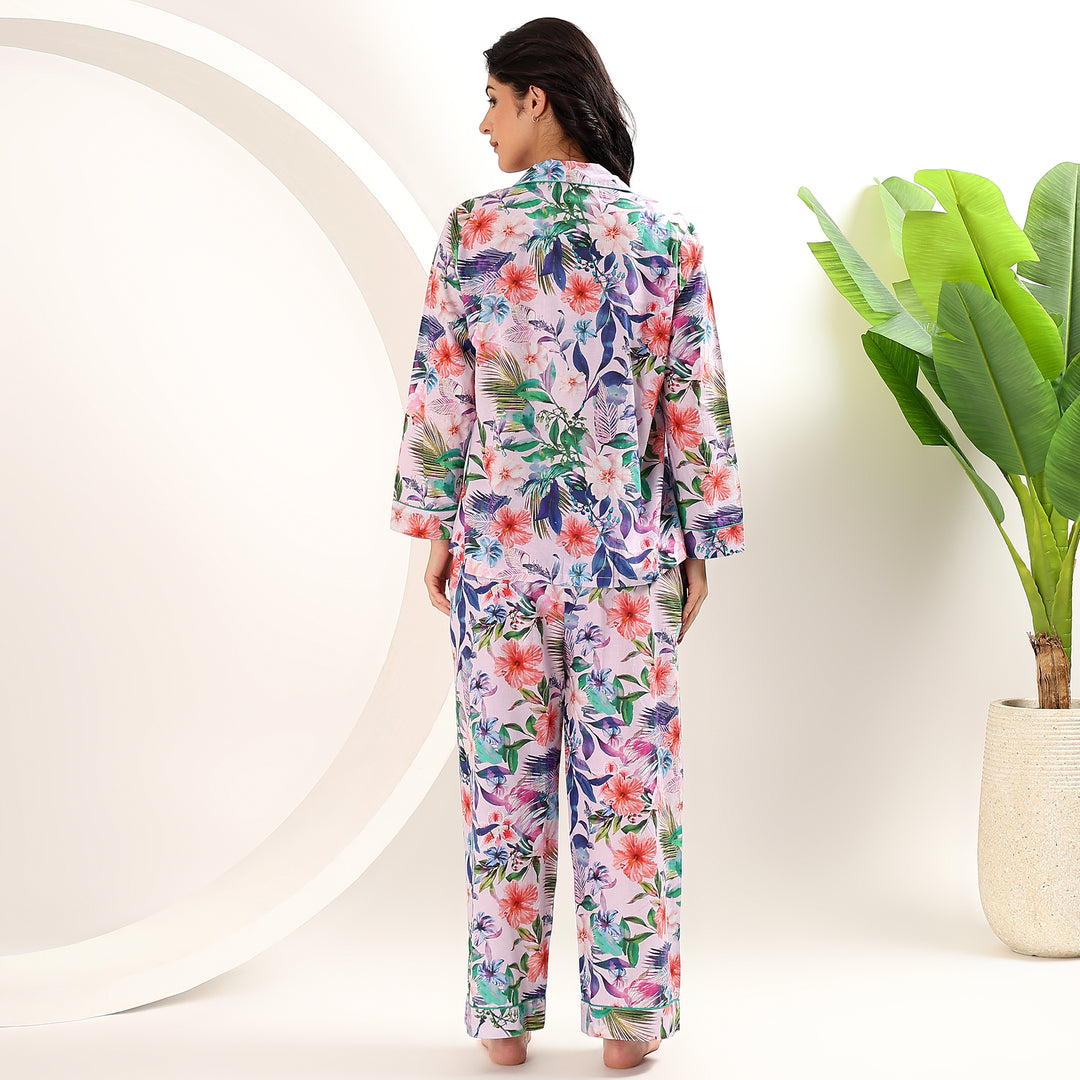 Block print cotton PJs – tropical sleepwear set for women