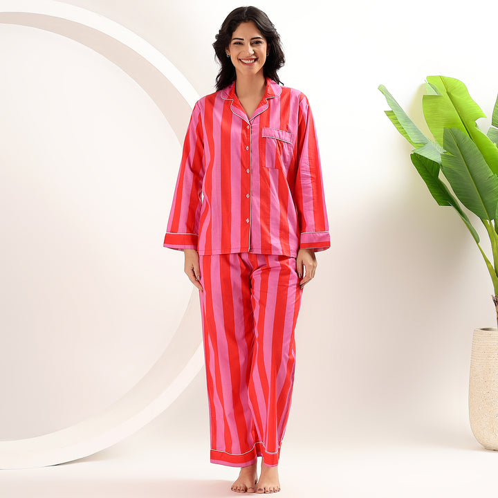 Women’s striped cotton pajamas – family matching block print PJ set