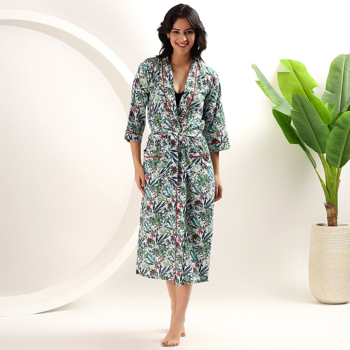 Floral Print Japanese Kimono Robe & Cotton Dressing Gown for Women