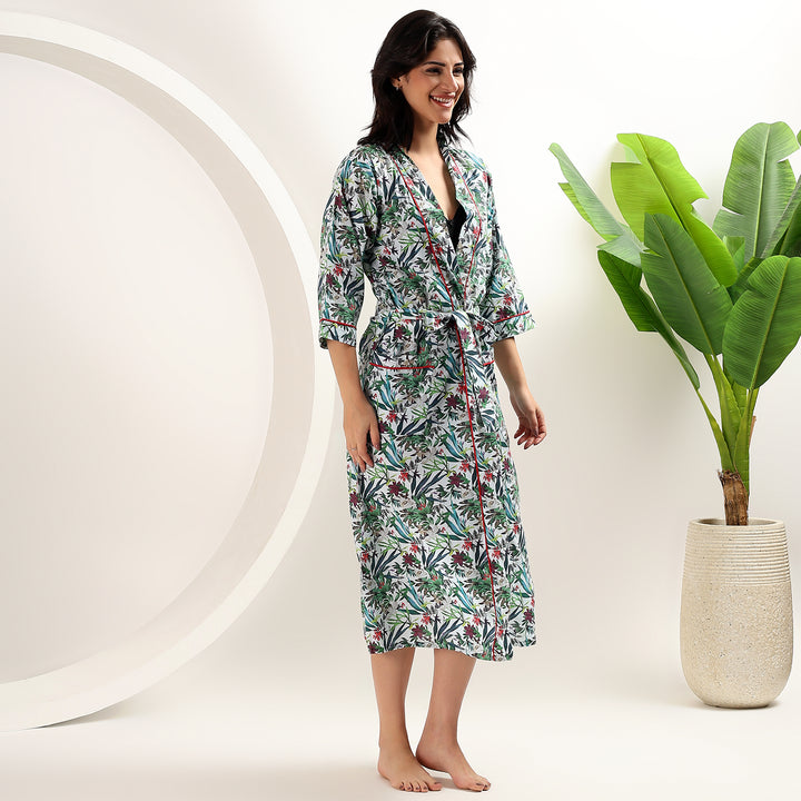 Soft cotton floral kimono – block print dressing gown for women
