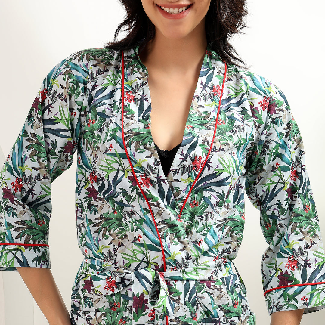 Cotton Dressing Gown for Women & Floral Print Japanese Kimono Robe