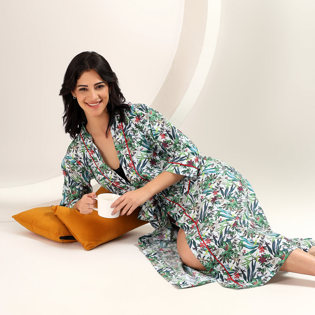 Floral print Japanese kimono robe – cotton dressing gown for women