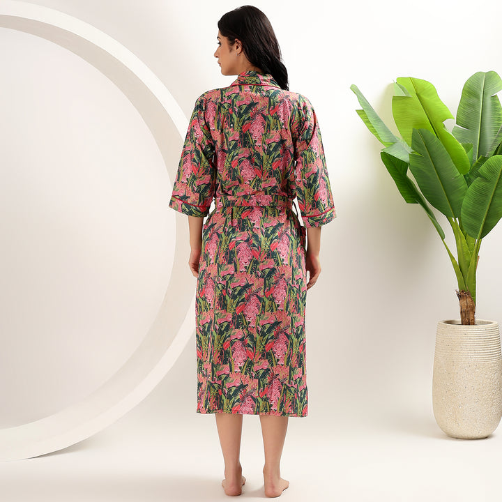Women’s tiger print kimono robe – lightweight cotton dressing gown