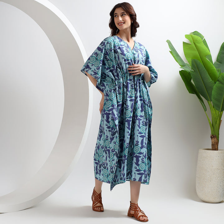 Hand block printed caftan – floral cotton dress for plus size women
