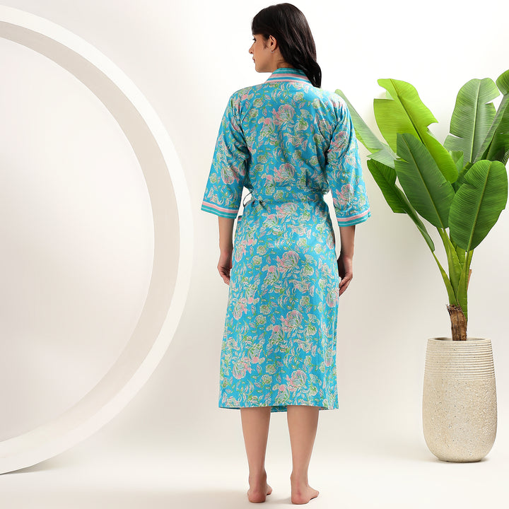 Bohemian kimono robe – floral block printed cotton dressing gown