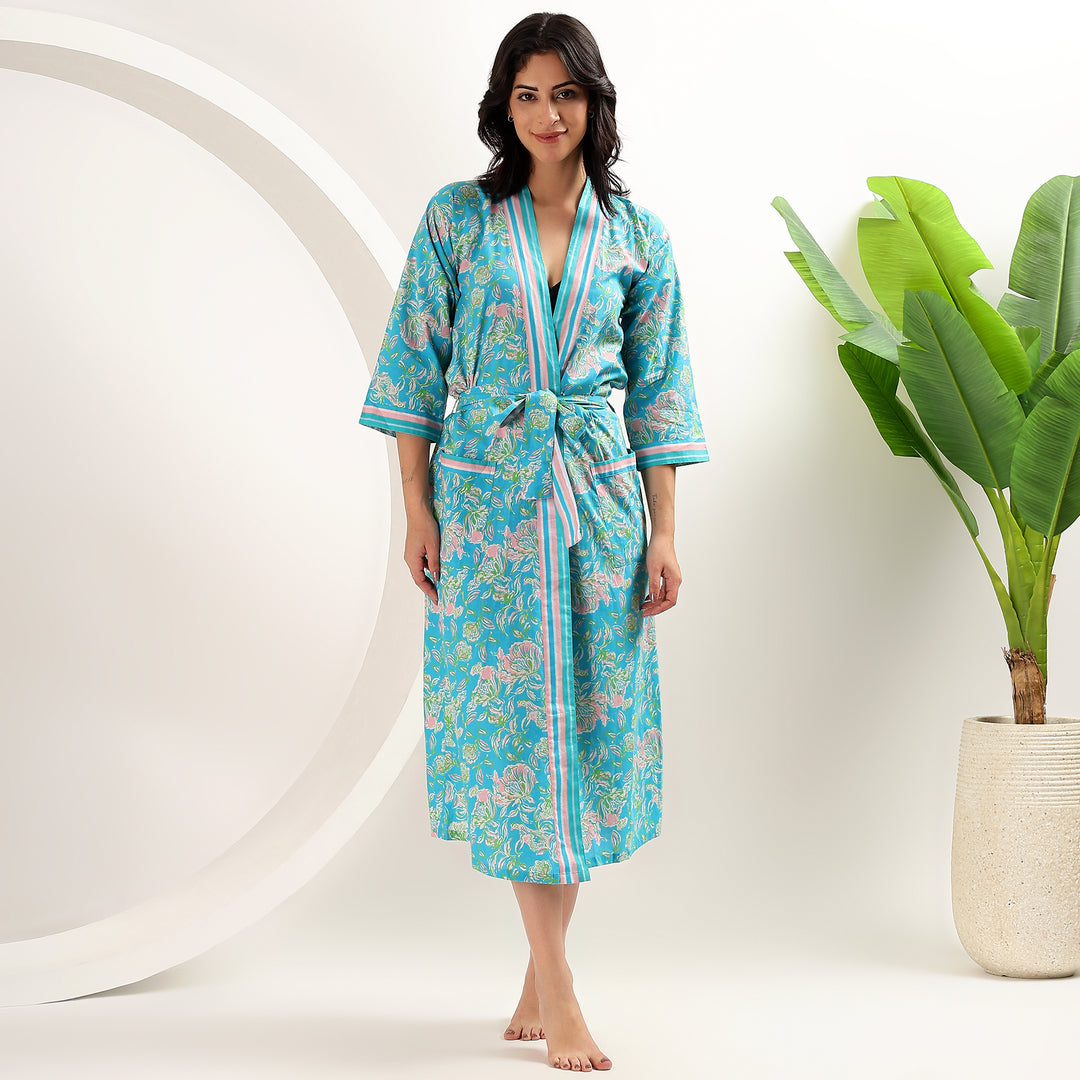 Boho Style Kimono & Robes – Floral Block Print Cotton Dressing Gown