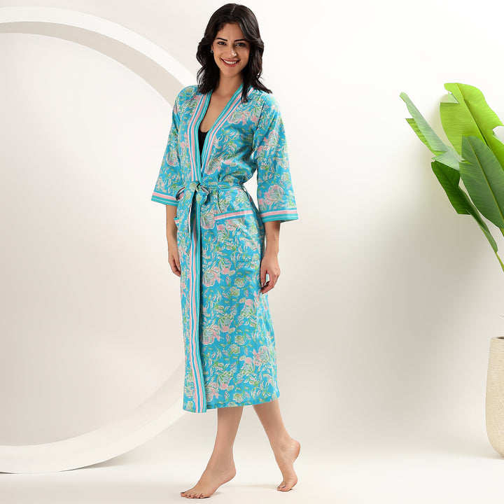 Boho style kimono robe – floral block print cotton dressing gown