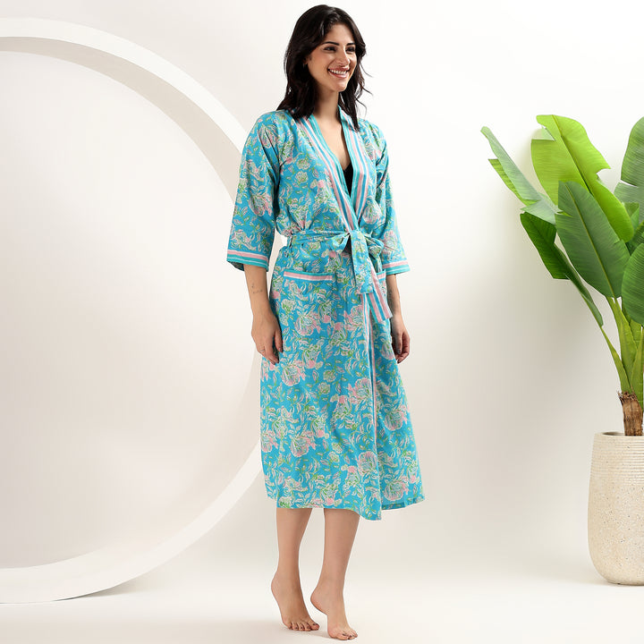 Handmade bohemian cotton robe – floral block print kimono for women