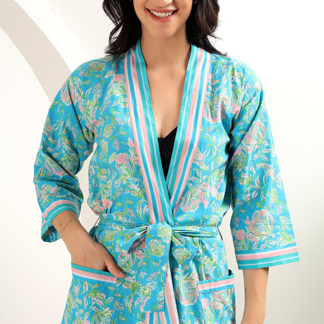 Women’s floral cotton kimono – boho style block print dressing gown