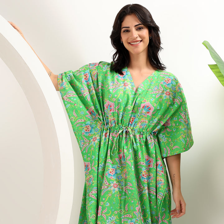 Floral cotton kaftan abaya with Indian block print