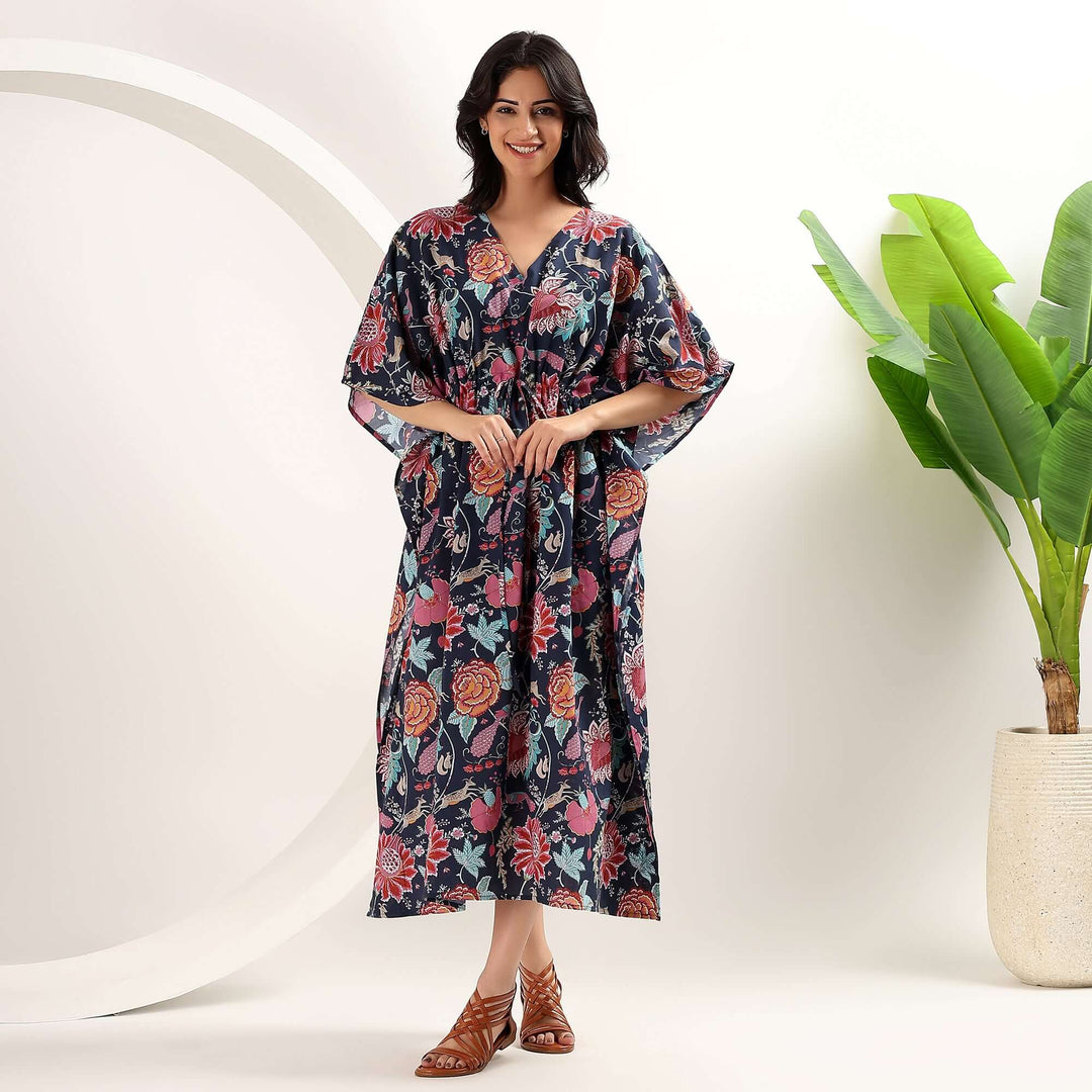 Indian Block Print Floral Cotton Kaftan Boho Caftan Dress XXL / 50 Inches Indian Block Print Floral Cotton Kaftan Boho Caftan Dress XXL / 50 Inches