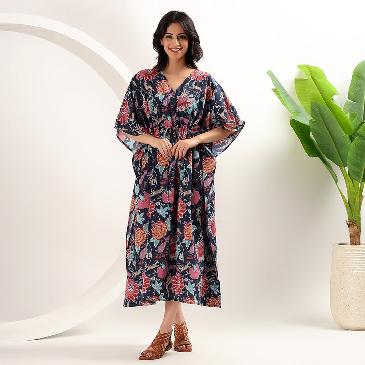 Indian Block Print Floral Cotton Kaftan – Boho Caftan Dress