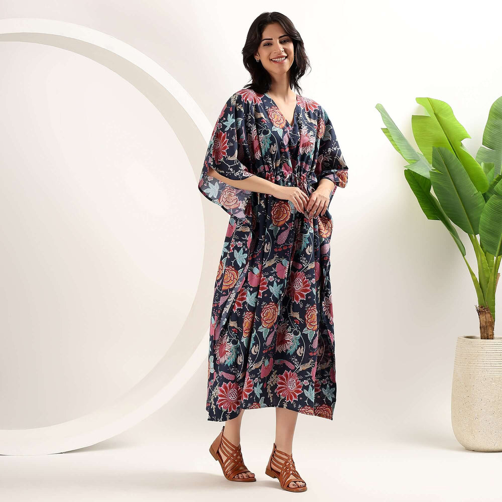 Indian Block Print Floral Cotton Kaftan – Boho Caftan Dress XXL / 50 Inches